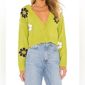 Green Cardigan with Smiley Face Flowers Cropped Size Small